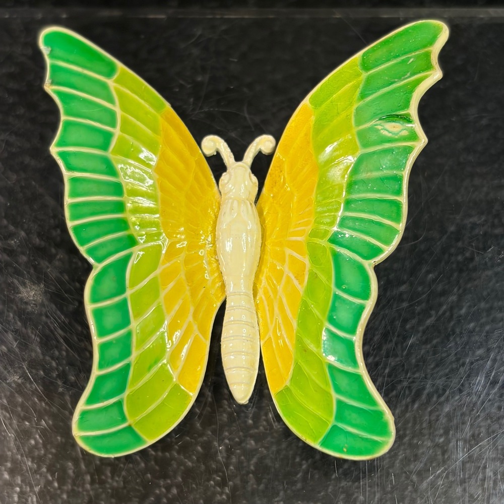 Vintage Made in Germany Enamel Butterfly Brooch Green Yellow Mid Century Pin